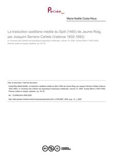 La traduction castillane inédite du Spill (1460) de Jaume Roig, par Joaquim Serrano Cañete (Valence 1832-1892) - article ; n°1 ; vol.14, pg 53-78
