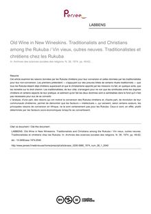 Old Wine in New Wineskins. Traditionalists and Christians among the Rukuba / Vin vieux, outres neuves. Traditionalistes et chrétiens chez les Rukuba - article ; n°1 ; vol.38, pg 49-62