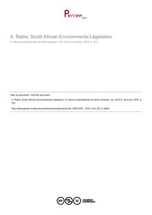 A. Rabie, South African Environmental Législation - note biblio ; n°2 ; vol.30, pg 707-707