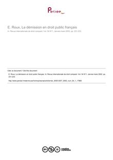 E. Roux, La démission en droit public français - note biblio ; n°1 ; vol.54, pg 231-233