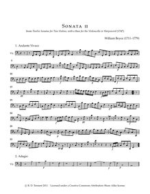 Partition Continuo (violoncelle), 12 sonates pour 2 violons avec a basse pour pour violoncelle ou Harpsicord par William Boyce