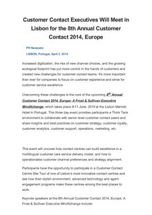 Customer Contact Executives Will Meet in Lisbon for the 8th Annual Customer Contact 2014, Europe