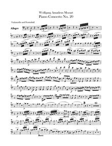 Partition violoncelles / Basses, Piano Concerto No.20, D minor, Mozart, Wolfgang Amadeus