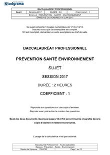 Sujet Bac Pro 2017 - Prévention, Santé et environnement