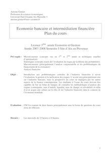 Economie bancaire et intermédiation financière Plan du cours