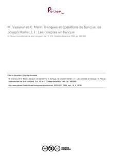 M. Vasseur et X. Marin, Banques et opérations de banque, de Joseph Hamel, t. I : Les comptes en banque - note biblio ; n°4 ; vol.18, pg 998-999