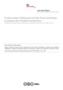 François Laroque, Shakespeare et la fête. Éssai d archéologie du spectacle dans l Angleterre élisabethaine  ; n°1 ; vol.26, pg 79-83
