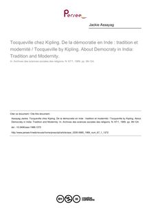 Tocqueville chez Kipling. De la démocratie en Inde : tradition et modernité / Tocqueville by Kipling. About Democraty in India: Tradition and Modernity. - article ; n°1 ; vol.67, pg 99-124