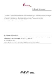 La valeur discriminante de l information qui individualise un objet et la connaissance de ses catégories d appartenance - article ; n°2 ; vol.97, pg 237-265