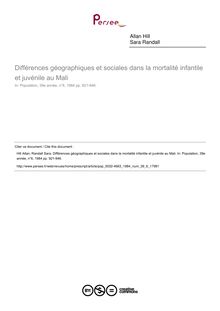 Différences géographiques et sociales dans la mortalité infantile et juvénile au Mali - article ; n°6 ; vol.39, pg 921-946