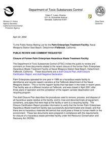 Notice of 45 Day Public Comment Period - Closure of Palm Enterprises  Treatment Facility at Detachment