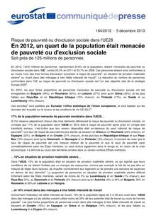 Eurostat : En 2012, un quart de la population était menacée de pauvreté ou d exclusion sociale