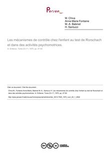 Les mécanismes de contrôle chez l enfant au test de Rorschach et dans des activités psychomotrices. - article ; n°1 ; vol.23, pg 47-54