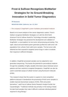 Frost & Sullivan Recognizes BioMarker Strategies for its Ground-Breaking Innovation in Solid Tumor Diagnostics