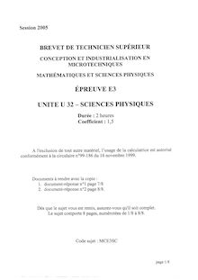 Sciences physiques appliquées 2005 BTS Conception et industrialisation en microtechniques