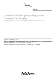 La métaphore entre philosophie et rhétorique, Nanine Charbonnel et Georges Kleiber  ; n°1 ; vol.89, pg 141-144