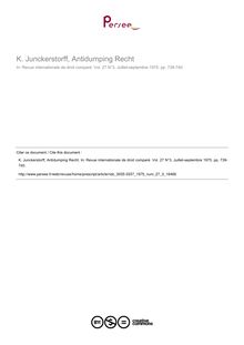 K. Junckerstorff, Antidumping Recht - note biblio ; n°3 ; vol.27, pg 739-740