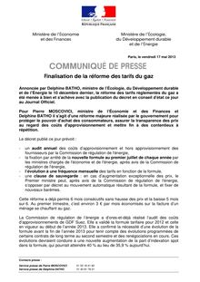 Finalisation de la réforme des tarifs du gaz - Communiqué du Ministère de l’Économie et des Finances et du Ministère de l’Écologie, du Développement durable et de l’Énergie (17/05/2013) 