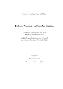 Frobenius polynomials for Calabi-Yau equations [Elektronische Ressource] / vorgelegt von Kira Verena Samol