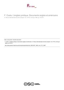 F. Costa, L anglais juridique. Documents anglais et américains - note biblio ; n°2 ; vol.37, pg 470-471