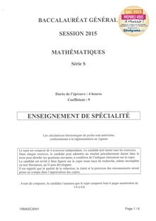 Sujet BAC 2015 PONDICHÉRY - S Mathématiques Spécialité