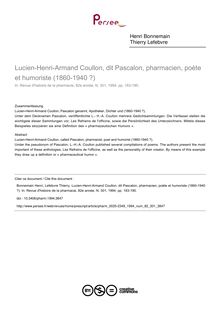 Lucien-Henri-Armand Coullon, dit Pascalon, pharmacien, poète et humoriste (1860-1940 ?) - article ; n°301 ; vol.82, pg 183-190
