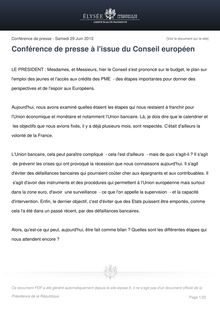 Conférence de presse à l issue du Conseil européen - Communiqué de l Elysée