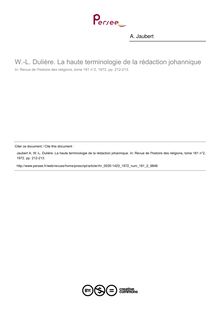 W.-L. Dulière. La haute terminologie de la rédaction johannique  ; n°2 ; vol.181, pg 212-213