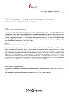 Diversification incomplète et rationnements financiers - article ; n°2 ; vol.43, pg 327-362