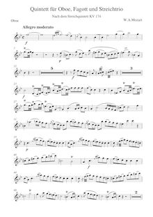 Partition hautbois, corde quintette No.1, B♭ major, Mozart, Wolfgang Amadeus