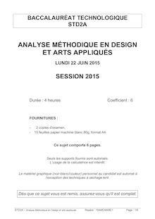 Bac 2015: sujet Analyse Méthodique en Design et Arts appliqués Bac Technologique STD2A