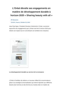 L Oréal dévoile ses engagements en matière de développement durable à horizon 2020 « Sharing beauty with all »
