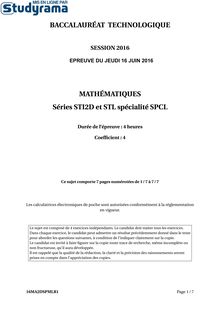 Sujet BAC STL SPCL mathématiques 2016