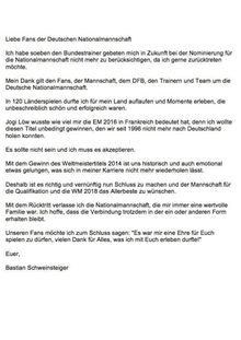 SPORT - Bastian Schweinsteiger prend sa retraite internationale - communiqué