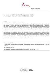 La peur de la Révolution française à Malte - article ; n°1 ; vol.341, pg 53-68