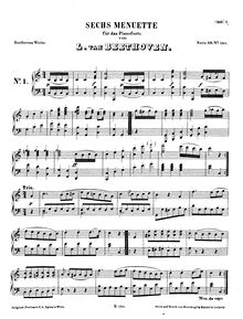 Partition complète, 6 menuets, 1). C major 2). G major 3). E♭ major 4). B♭ major 5). D major 6). D major par Ludwig van Beethoven