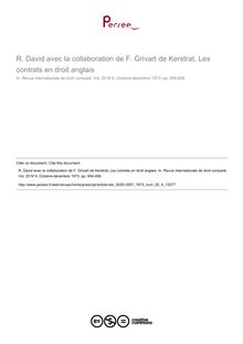 R. David avec la collaboration de F. Grivart de Kerstrat, Les contrats en droit anglais - note biblio ; n°4 ; vol.25, pg 954-956