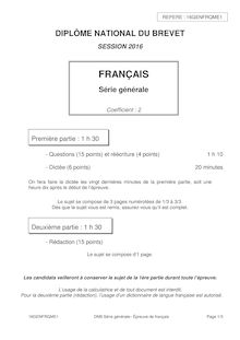Brevet Français 2016 - Questions et réécriture - Série générale