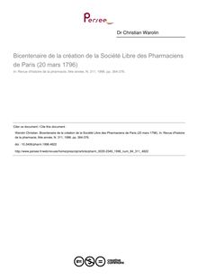 Bicentenaire de la création de la Société Libre des Pharmaciens de Paris (20 mars 1796) - article ; n°311 ; vol.84, pg 364-376