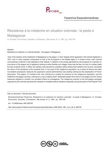 Résistance à la médecine en situation coloniale : la peste à Madagascar - article ; n°2 ; vol.36, pg 168-190