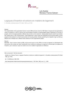 Logiques d insertion et actions en matière de logement - article ; n°1 ; vol.9, pg 87-99
