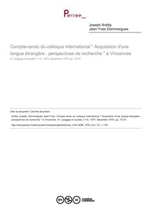 Compte-rendu du colloque international  Acquisition d une langue étrangère : perspectives de recherche  à Vincennes  ; n°1 ; vol.10, pg 73-74