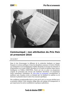 Communiqué : non attribution du Prix Paix et armement 2016