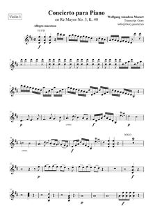 Partition violons I, Piano Concerto No.3, D major, Mozart, Wolfgang Amadeus