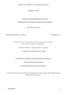 Mathématiques 2007 S.T.G (Comptabilité et Finance des Entreprises) Baccalauréat technologique