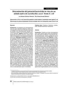 Determinación del potencial bactericida In vitro de un aislado nativo de Lactobacillus cassei frente E. coli (Determination of the in vitro bactericide potential of a native isolated of Lactobacillus cassei against E. coli)