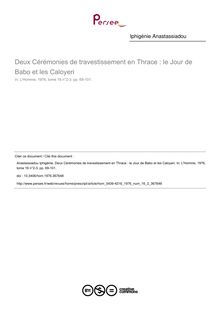 Deux Cérémonies de travestissement en Thrace : le Jour de Babo et les Caloyeri - article ; n°2 ; vol.16, pg 69-101