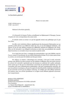 Défenseur des droits, Jacques Toulon : La lettre envoyée à la secrétaire générale du Syndicat des commissaires de la police nationale