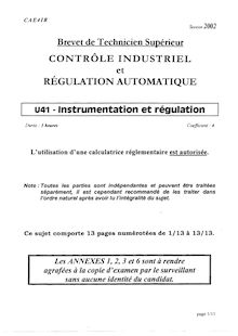 Instrumentation et régulation 2002 BTS Contrôle industriel et régulation automatique