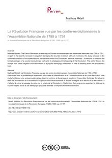 La Révolution Française vue par les contre-révolutionnaires à l Assemblée Nationale de 1789 à 1791 - article ; n°1 ; vol.283, pg 67-77